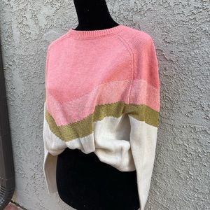 Sweater women M cream, pink, gold retro design pullover